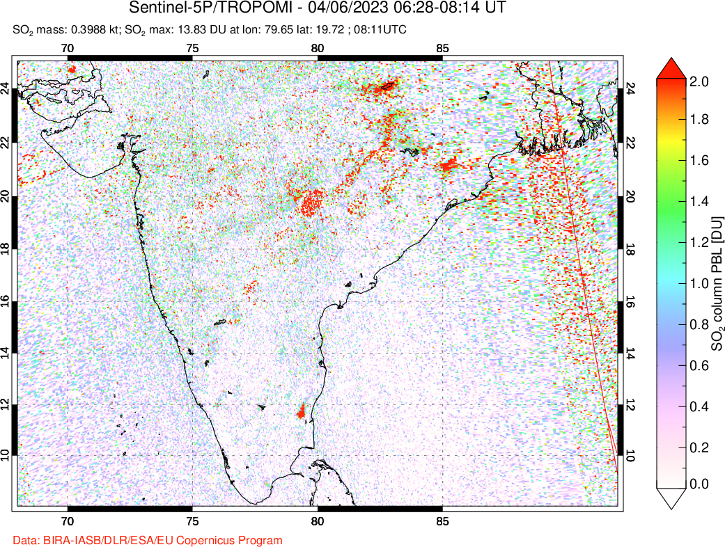 A sulfur dioxide image over India on Apr 06, 2023.