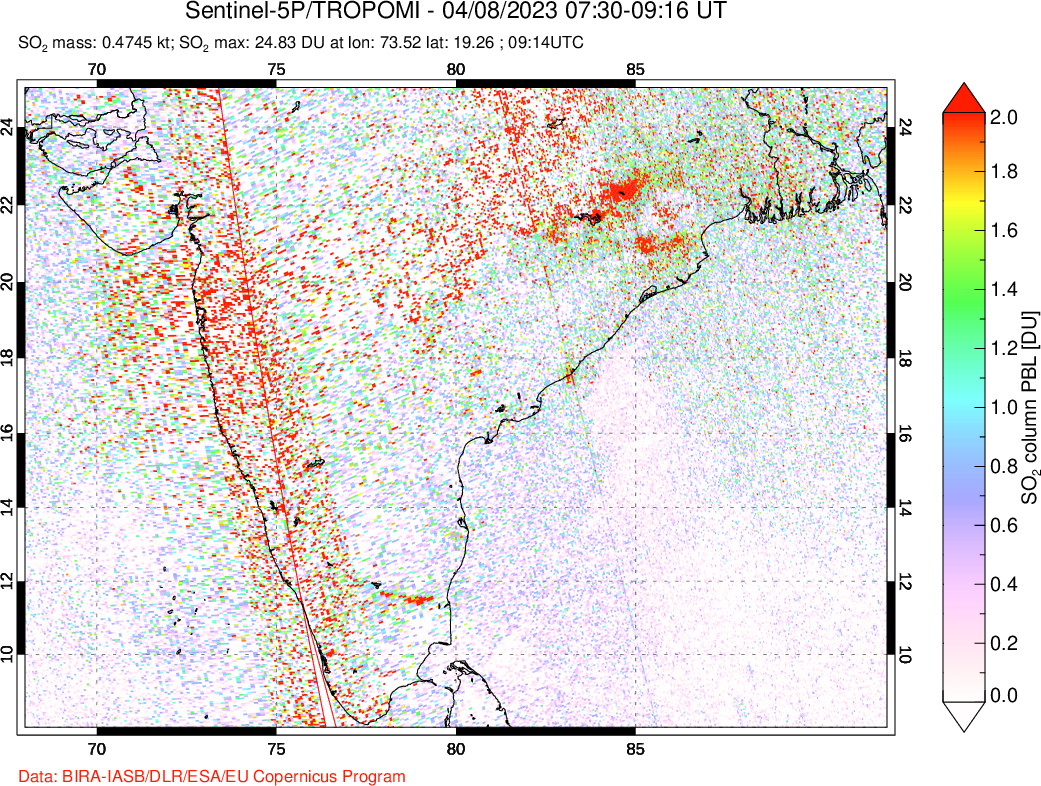 A sulfur dioxide image over India on Apr 08, 2023.