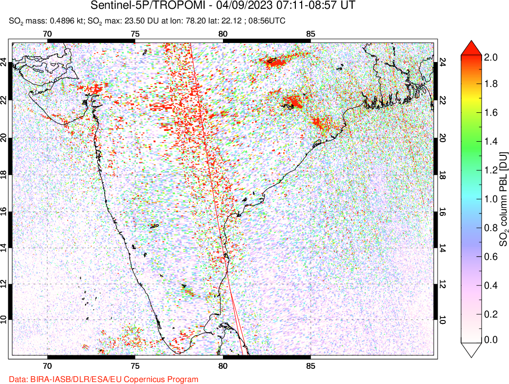 A sulfur dioxide image over India on Apr 09, 2023.