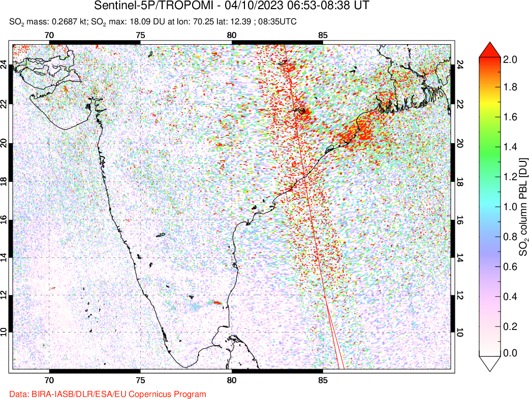 A sulfur dioxide image over India on Apr 10, 2023.