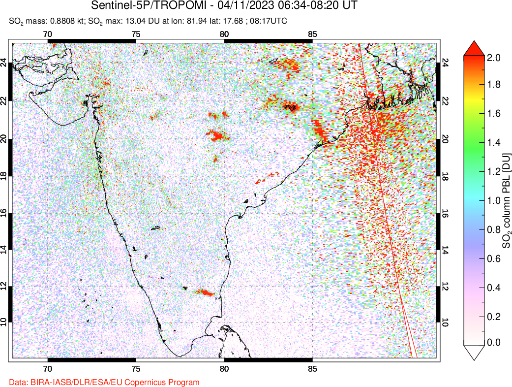 A sulfur dioxide image over India on Apr 11, 2023.