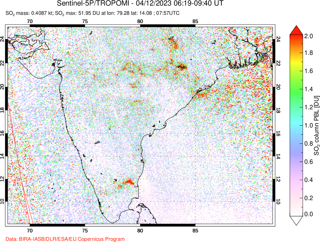 A sulfur dioxide image over India on Apr 12, 2023.