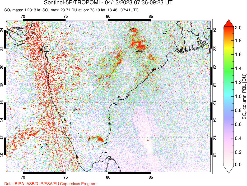 A sulfur dioxide image over India on Apr 13, 2023.