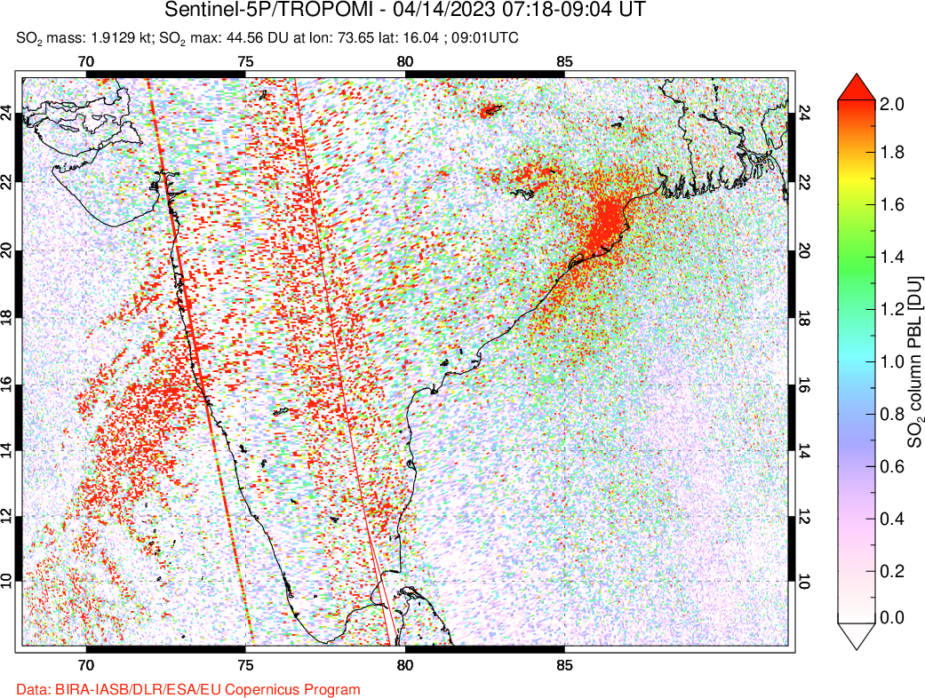 A sulfur dioxide image over India on Apr 14, 2023.