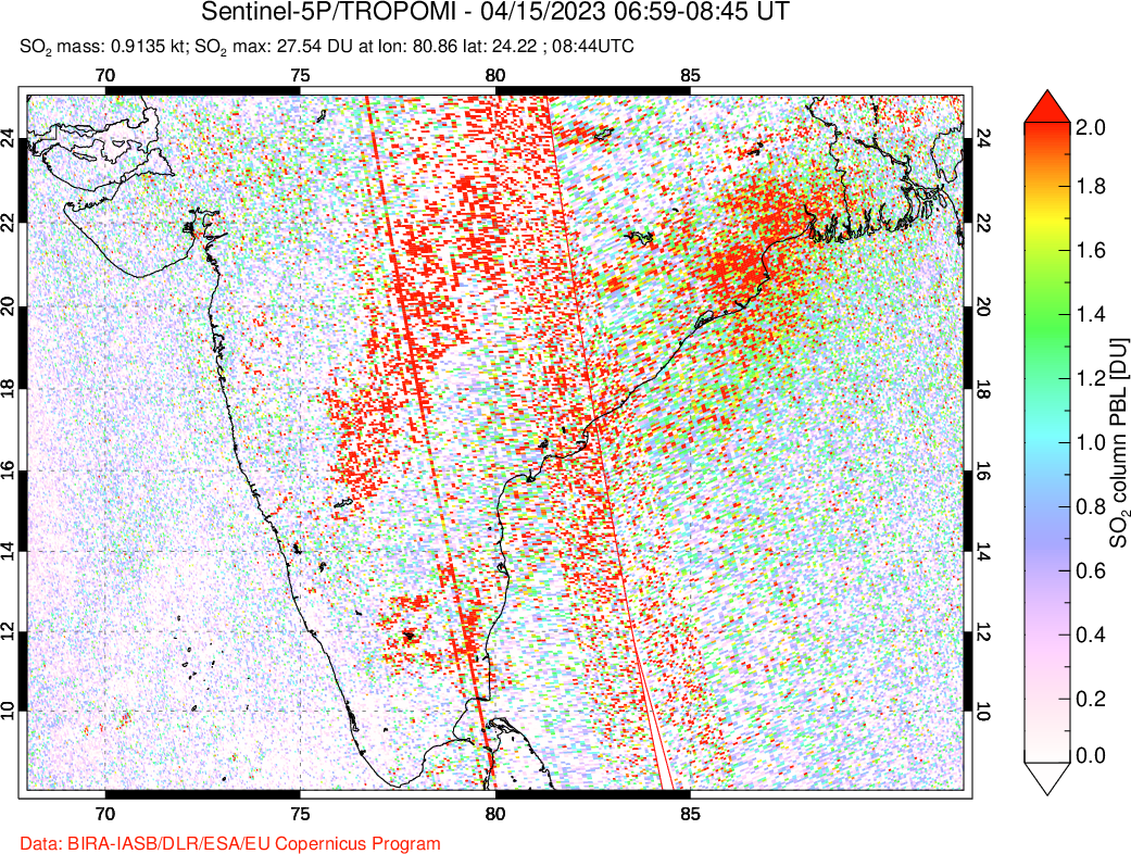 A sulfur dioxide image over India on Apr 15, 2023.