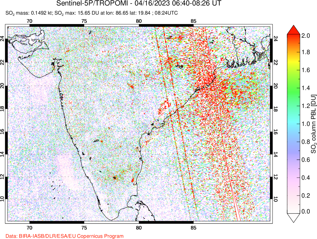 A sulfur dioxide image over India on Apr 16, 2023.
