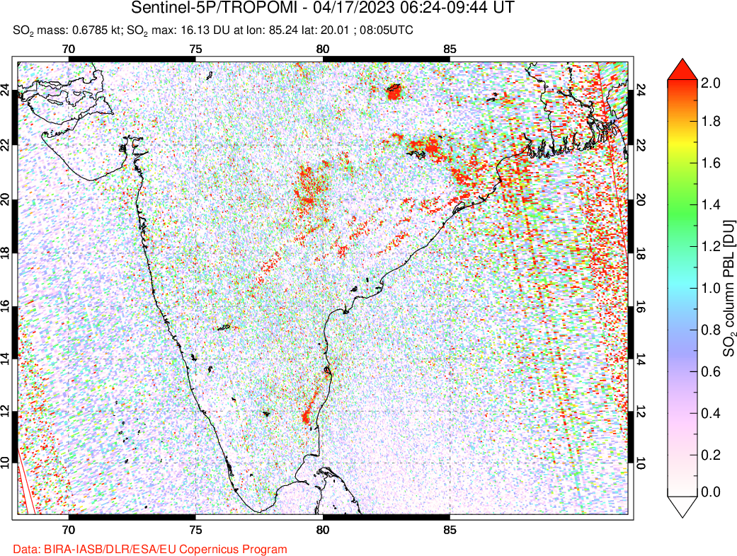 A sulfur dioxide image over India on Apr 17, 2023.