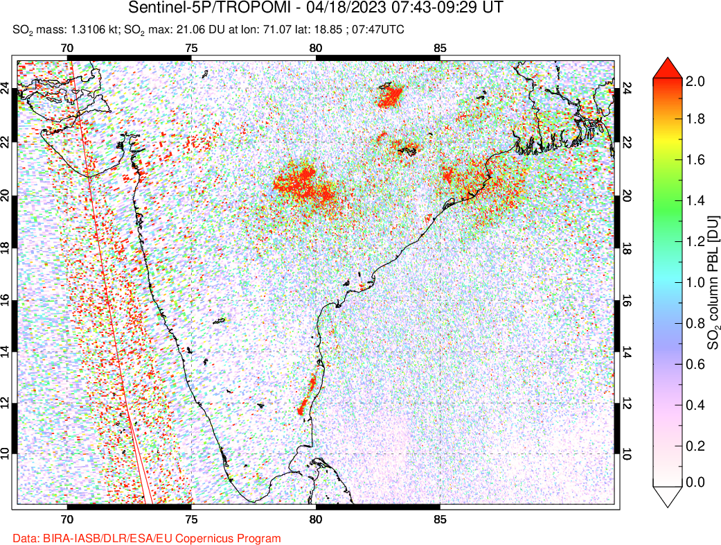 A sulfur dioxide image over India on Apr 18, 2023.