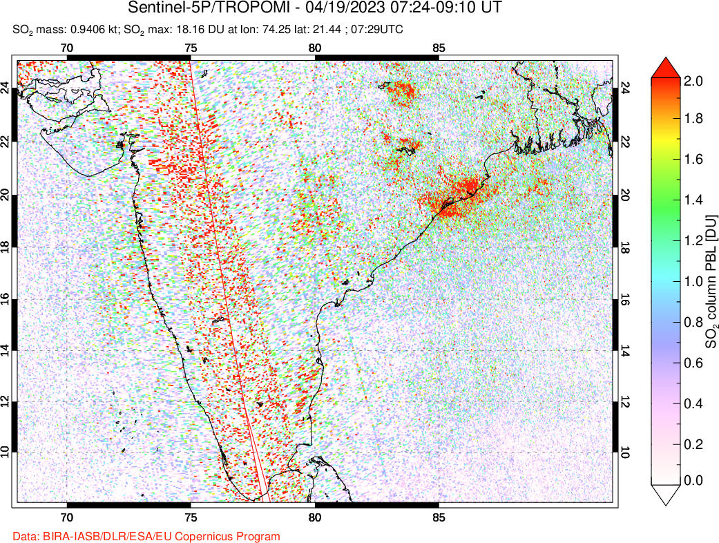 A sulfur dioxide image over India on Apr 19, 2023.