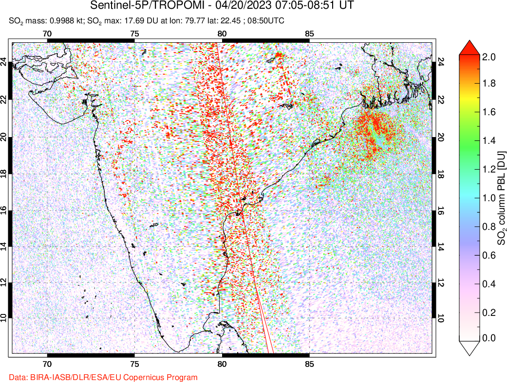 A sulfur dioxide image over India on Apr 20, 2023.