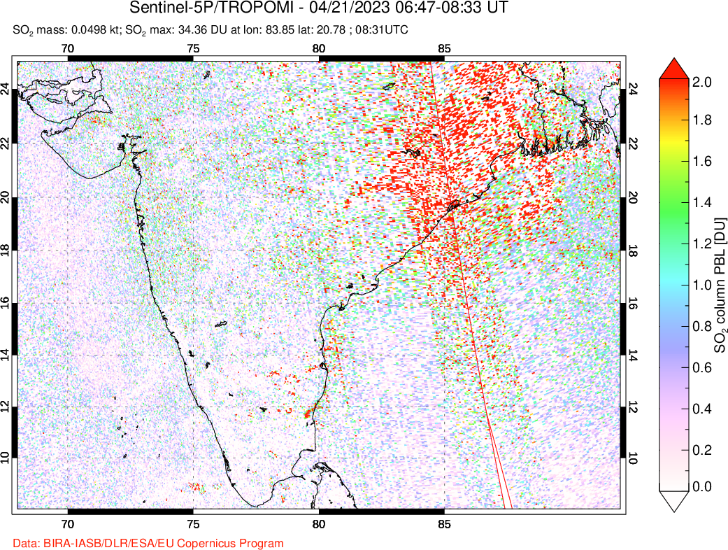 A sulfur dioxide image over India on Apr 21, 2023.