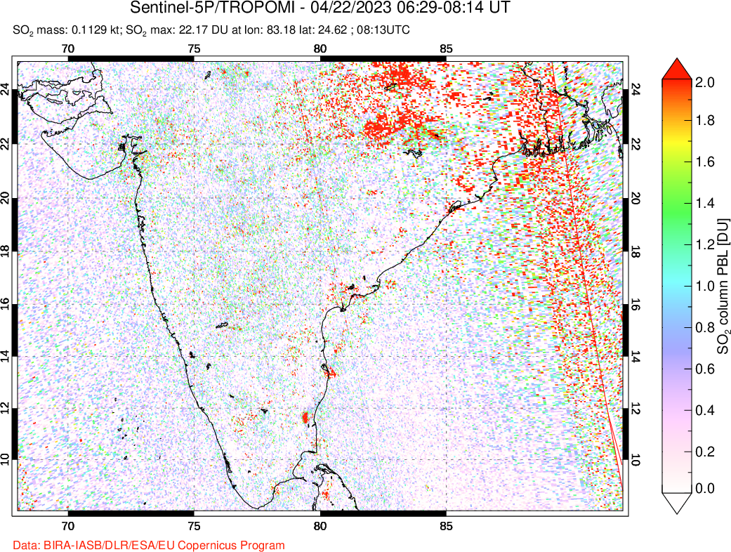 A sulfur dioxide image over India on Apr 22, 2023.