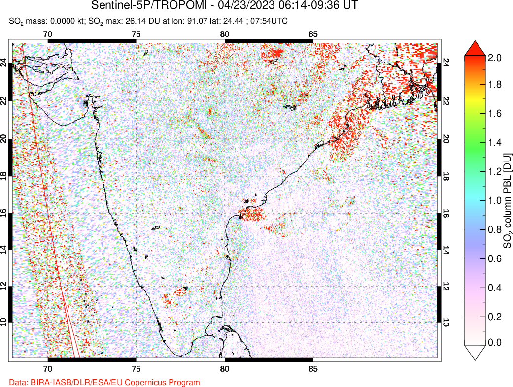 A sulfur dioxide image over India on Apr 23, 2023.
