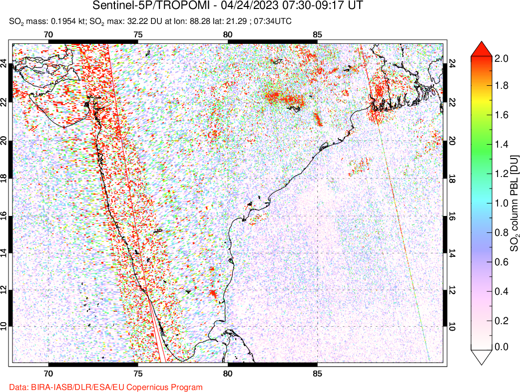 A sulfur dioxide image over India on Apr 24, 2023.