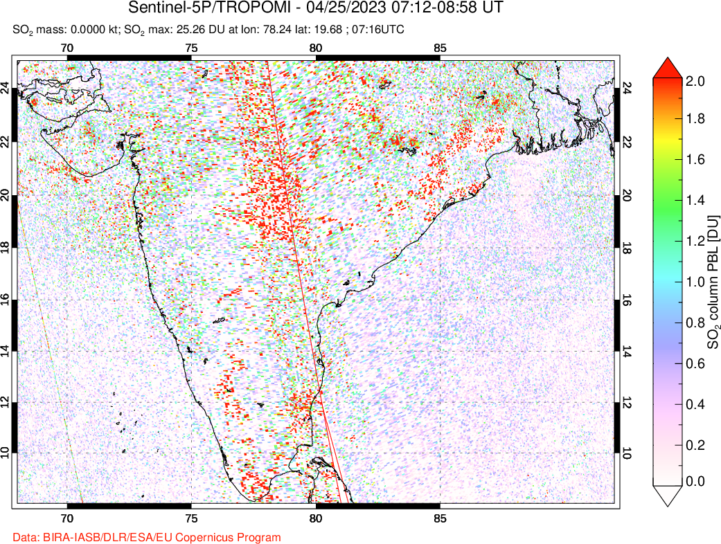 A sulfur dioxide image over India on Apr 25, 2023.
