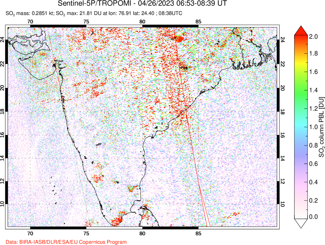 A sulfur dioxide image over India on Apr 26, 2023.
