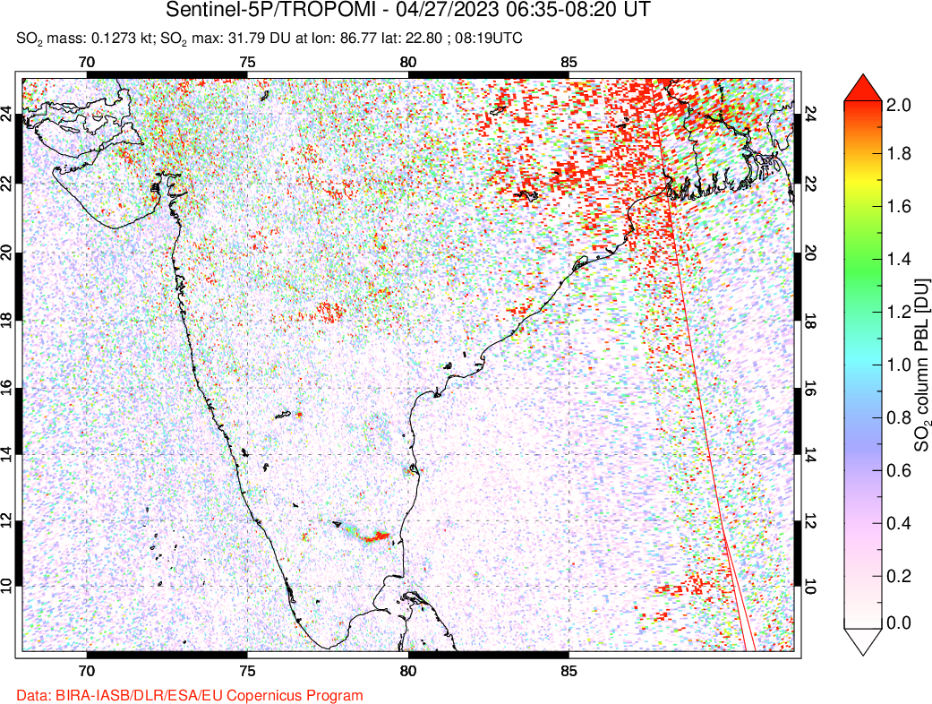 A sulfur dioxide image over India on Apr 27, 2023.