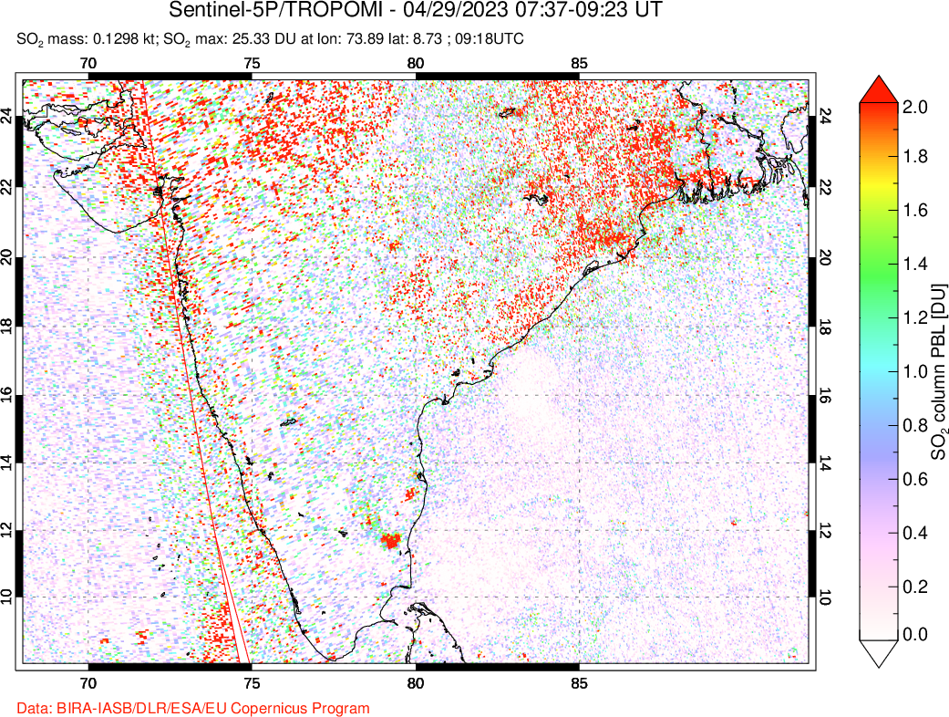 A sulfur dioxide image over India on Apr 29, 2023.