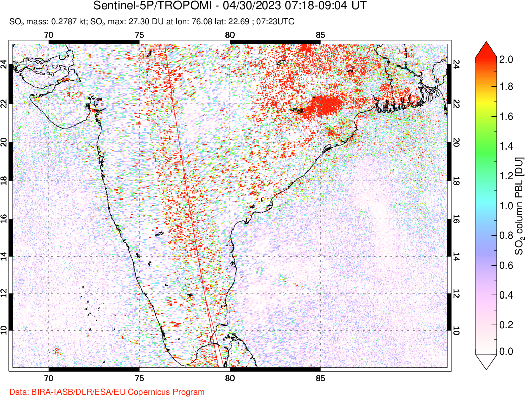 A sulfur dioxide image over India on Apr 30, 2023.