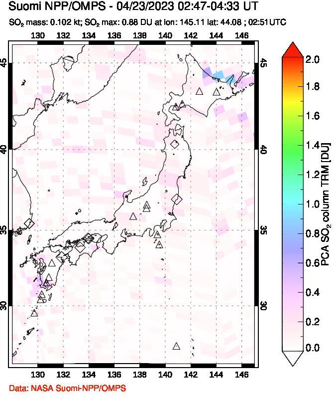 A sulfur dioxide image over Japan on Apr 23, 2023.