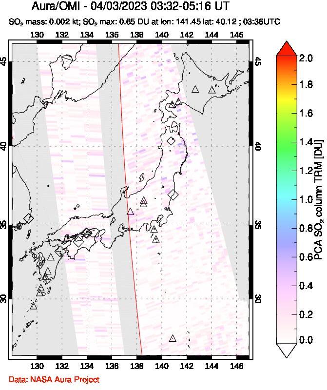 A sulfur dioxide image over Japan on Apr 03, 2023.