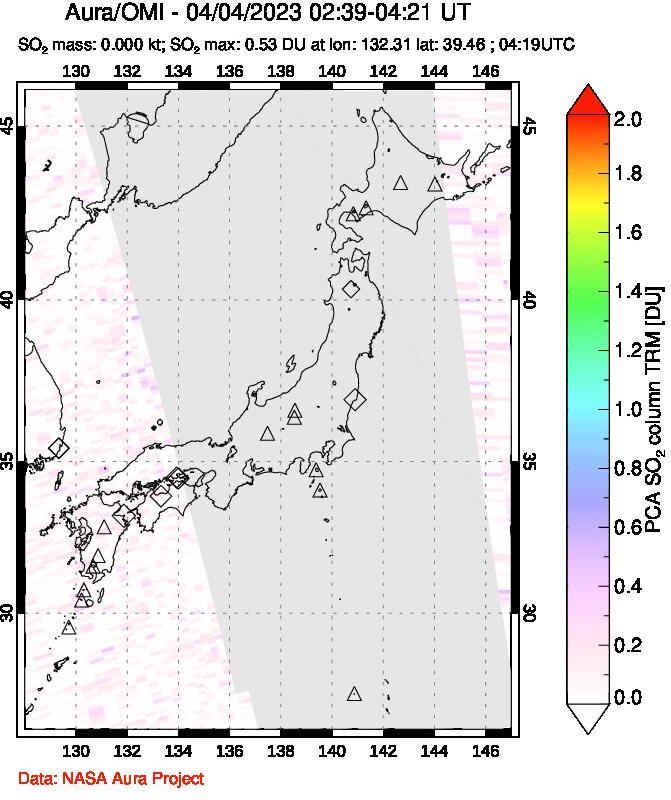 A sulfur dioxide image over Japan on Apr 04, 2023.