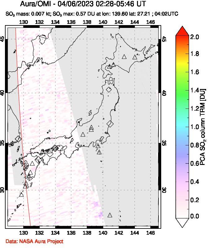 A sulfur dioxide image over Japan on Apr 06, 2023.