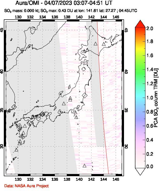 A sulfur dioxide image over Japan on Apr 07, 2023.