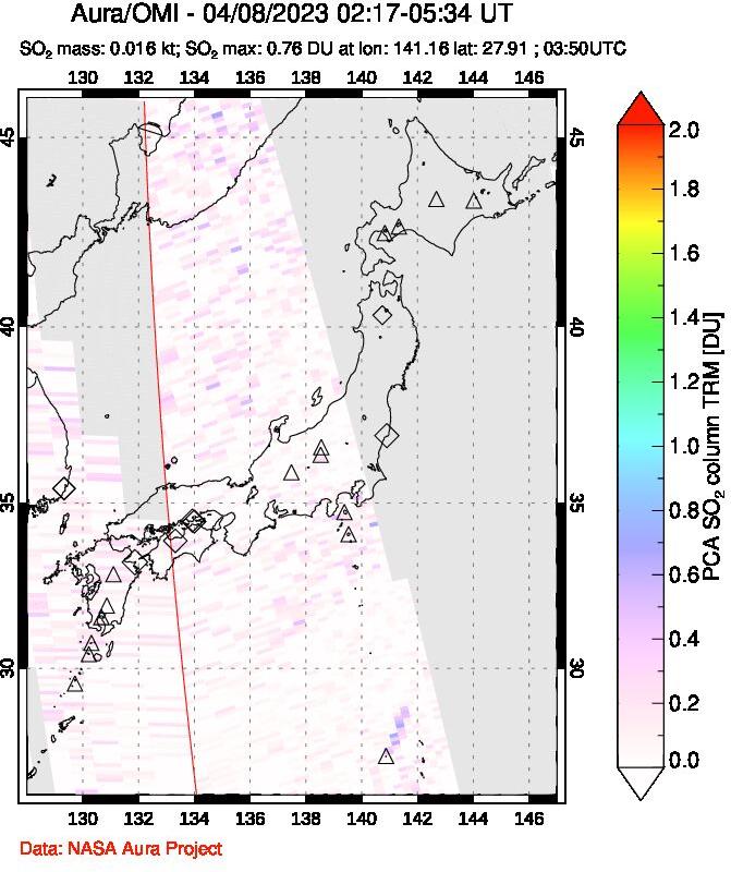 A sulfur dioxide image over Japan on Apr 08, 2023.