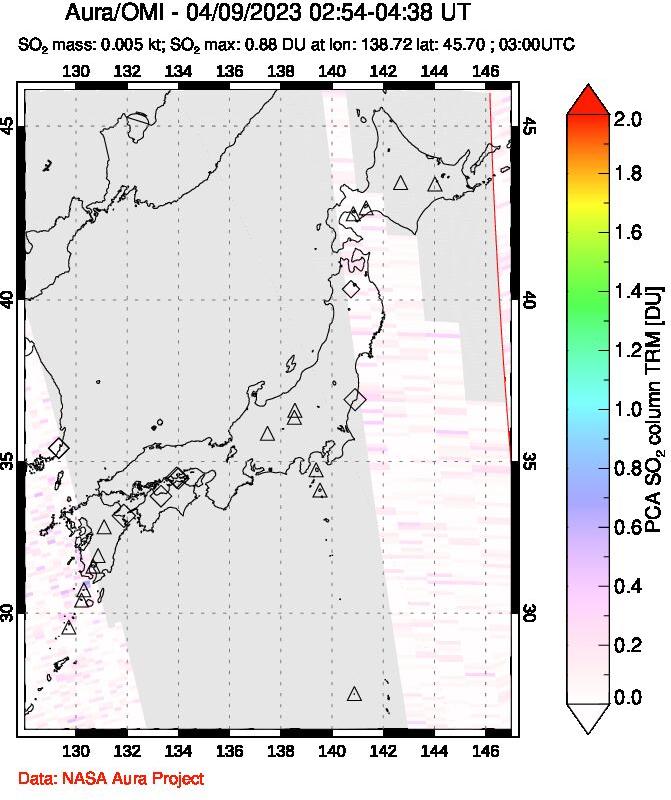 A sulfur dioxide image over Japan on Apr 09, 2023.