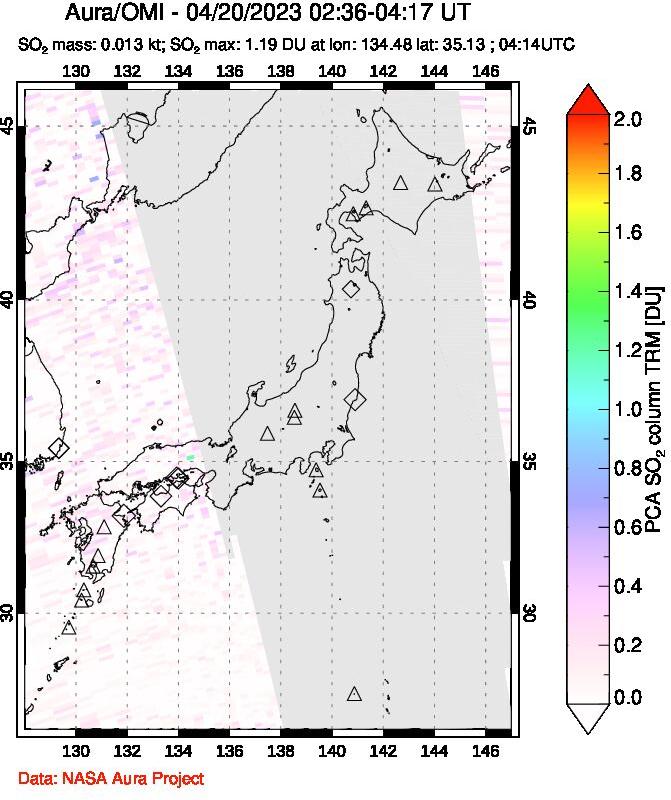 A sulfur dioxide image over Japan on Apr 20, 2023.