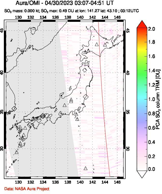 A sulfur dioxide image over Japan on Apr 30, 2023.