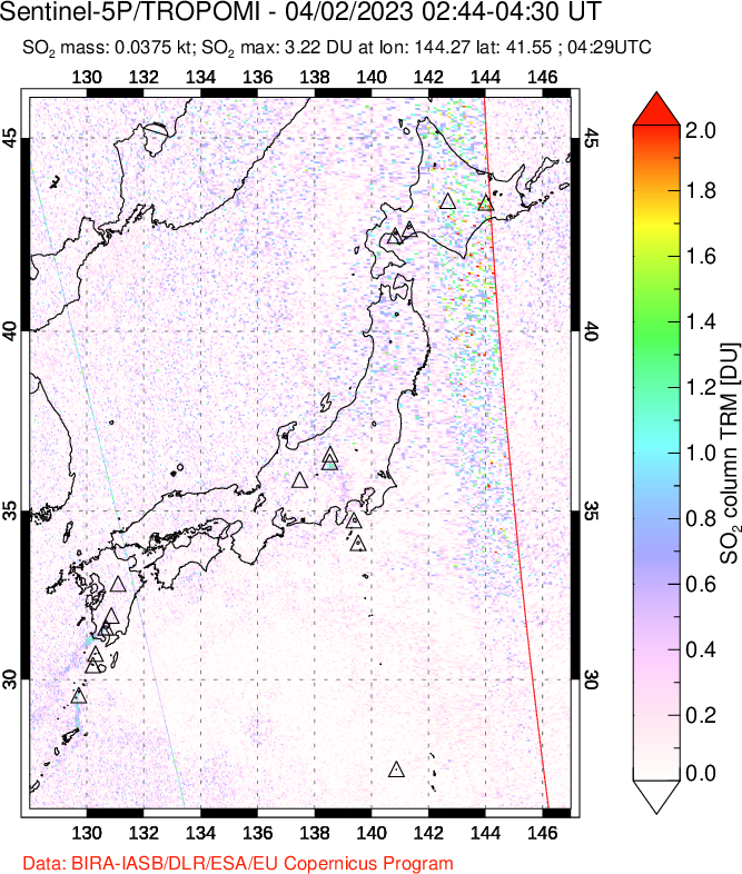 A sulfur dioxide image over Japan on Apr 02, 2023.