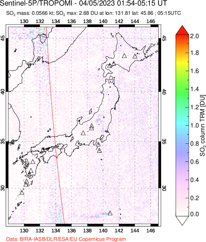 A sulfur dioxide image over Japan on Apr 05, 2023.