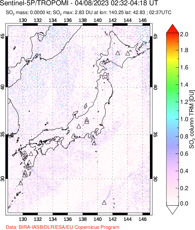 A sulfur dioxide image over Japan on Apr 08, 2023.