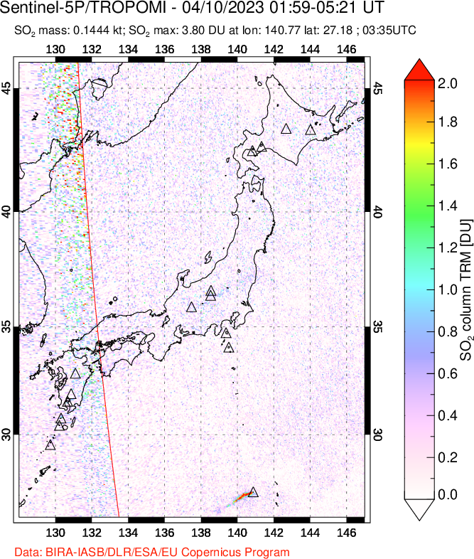 A sulfur dioxide image over Japan on Apr 10, 2023.