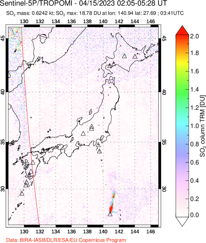 A sulfur dioxide image over Japan on Apr 15, 2023.