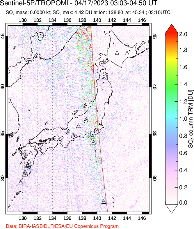 A sulfur dioxide image over Japan on Apr 17, 2023.