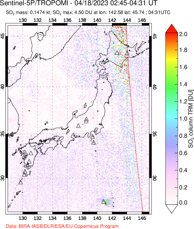 A sulfur dioxide image over Japan on Apr 18, 2023.