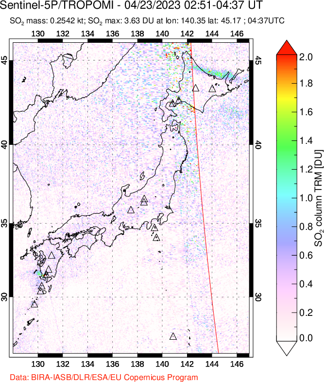 A sulfur dioxide image over Japan on Apr 23, 2023.