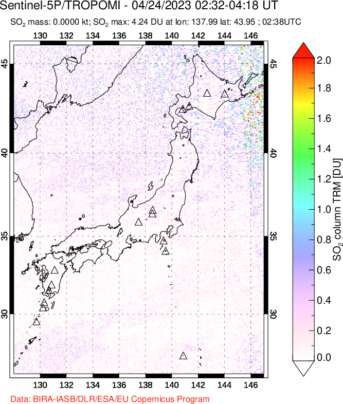 A sulfur dioxide image over Japan on Apr 24, 2023.
