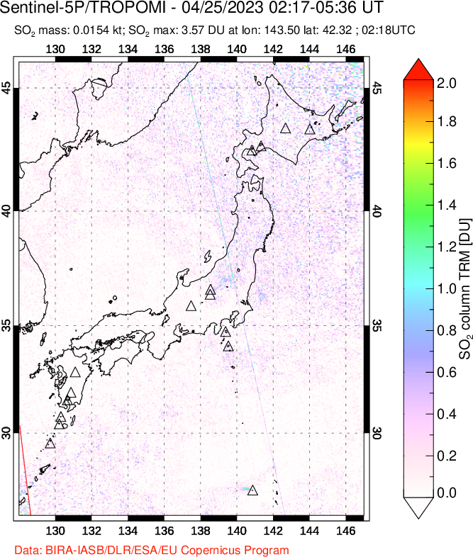 A sulfur dioxide image over Japan on Apr 25, 2023.