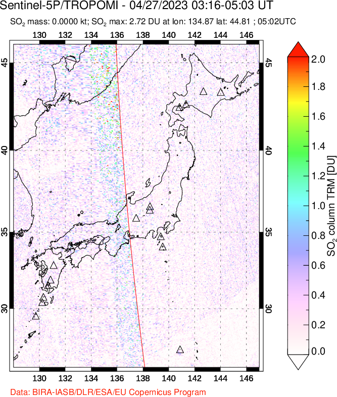 A sulfur dioxide image over Japan on Apr 27, 2023.