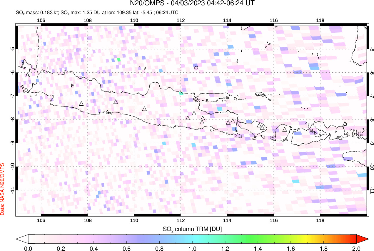 A sulfur dioxide image over Java, Indonesia on Apr 03, 2023.