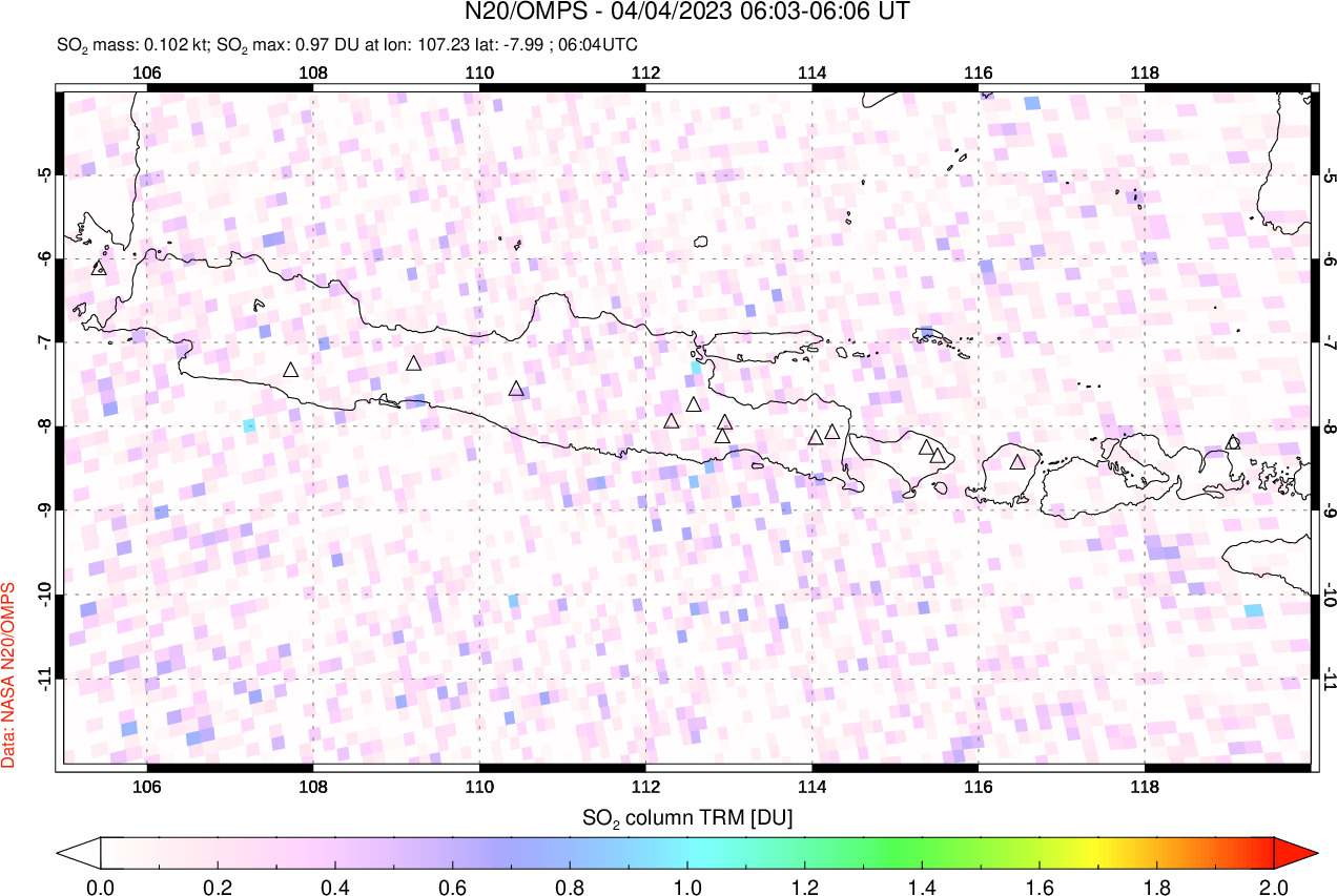 A sulfur dioxide image over Java, Indonesia on Apr 04, 2023.
