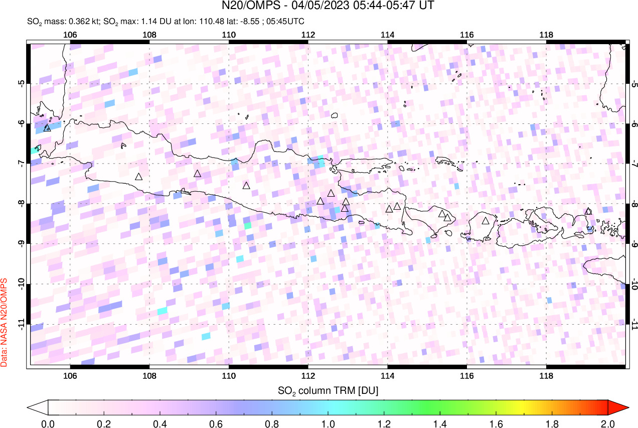 A sulfur dioxide image over Java, Indonesia on Apr 05, 2023.