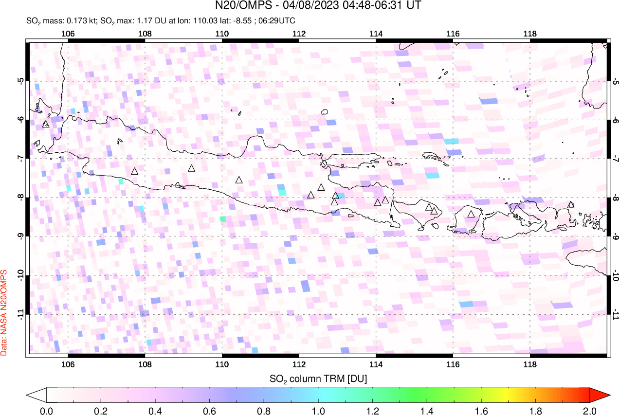 A sulfur dioxide image over Java, Indonesia on Apr 08, 2023.