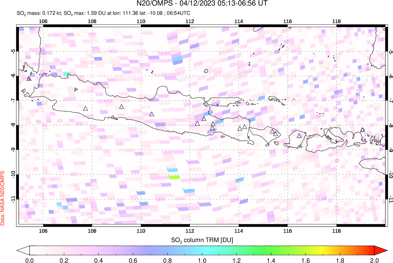 A sulfur dioxide image over Java, Indonesia on Apr 12, 2023.