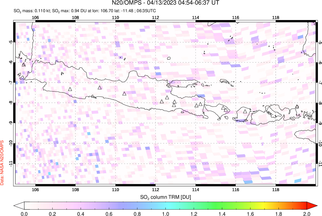 A sulfur dioxide image over Java, Indonesia on Apr 13, 2023.