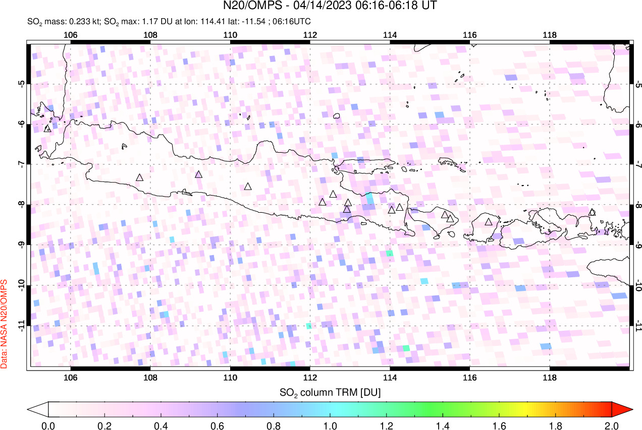 A sulfur dioxide image over Java, Indonesia on Apr 14, 2023.